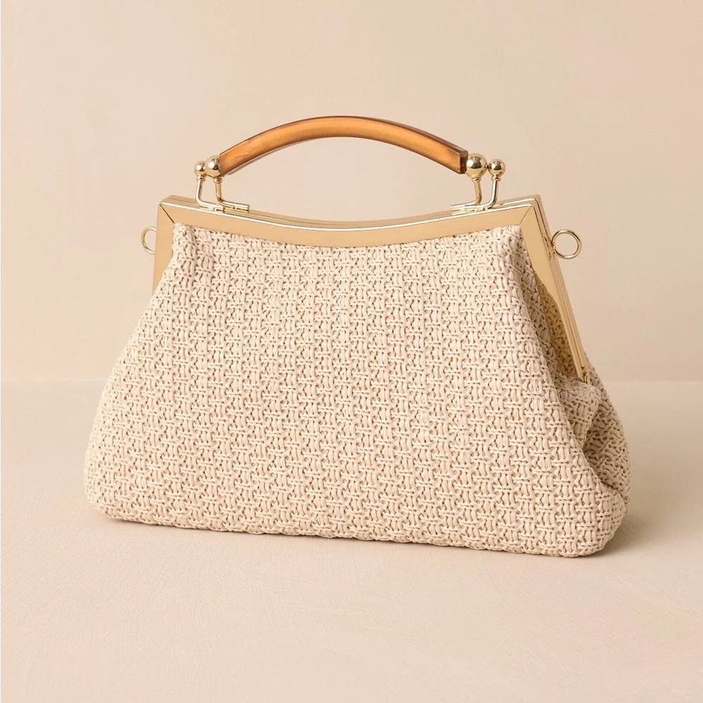 Elegant Casual couture Cream Woven Handbag with Gold Accents